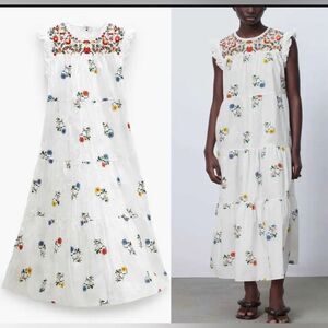 Zara White Floral Embroidery Boho Cotton Midi Maxi Dress XS Cottagecore Prairie